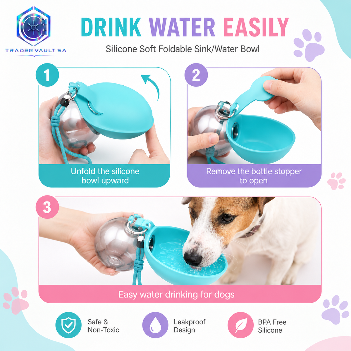 TradeVault 3-in-1 Portable Pet Water Bottle with Fold-Out Bowl & Carry Loop