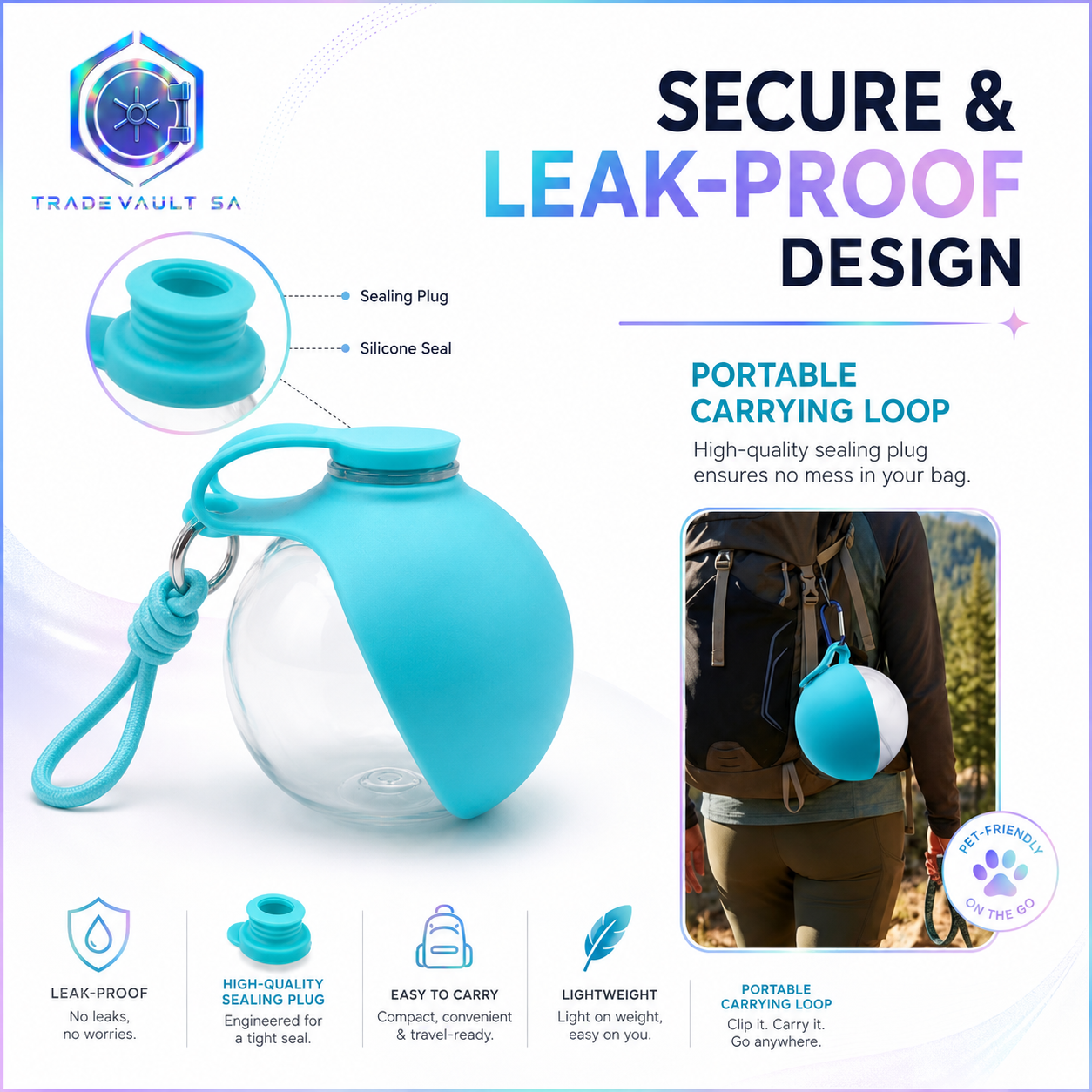 TradeVault 3-in-1 Portable Pet Water Bottle with Fold-Out Bowl & Carry Loop