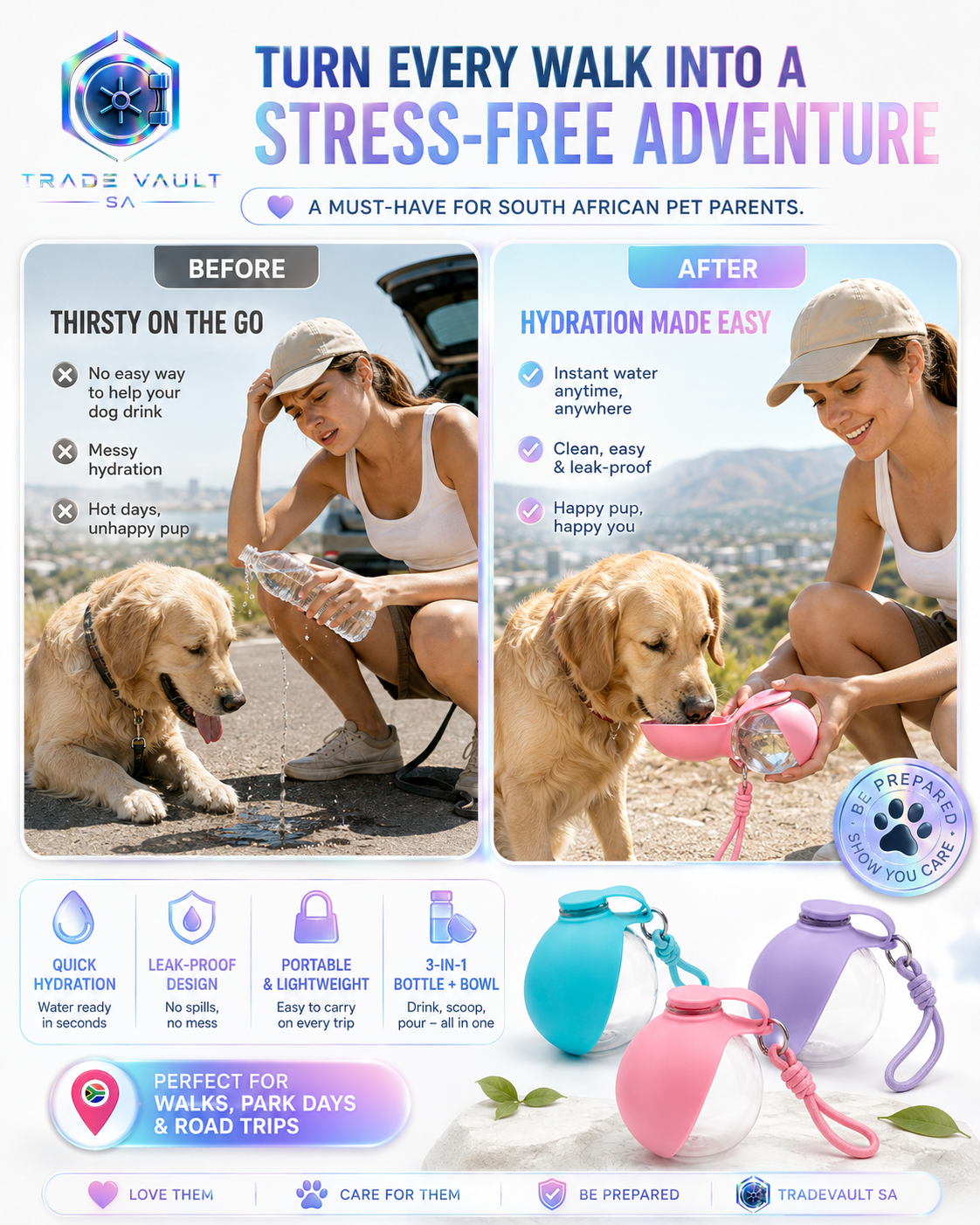 TradeVault 3-in-1 Portable Pet Water Bottle with Fold-Out Bowl & Carry Loop