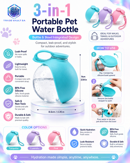 TradeVault 3-in-1 Portable Pet Water Bottle with Fold-Out Bowl & Carry Loop