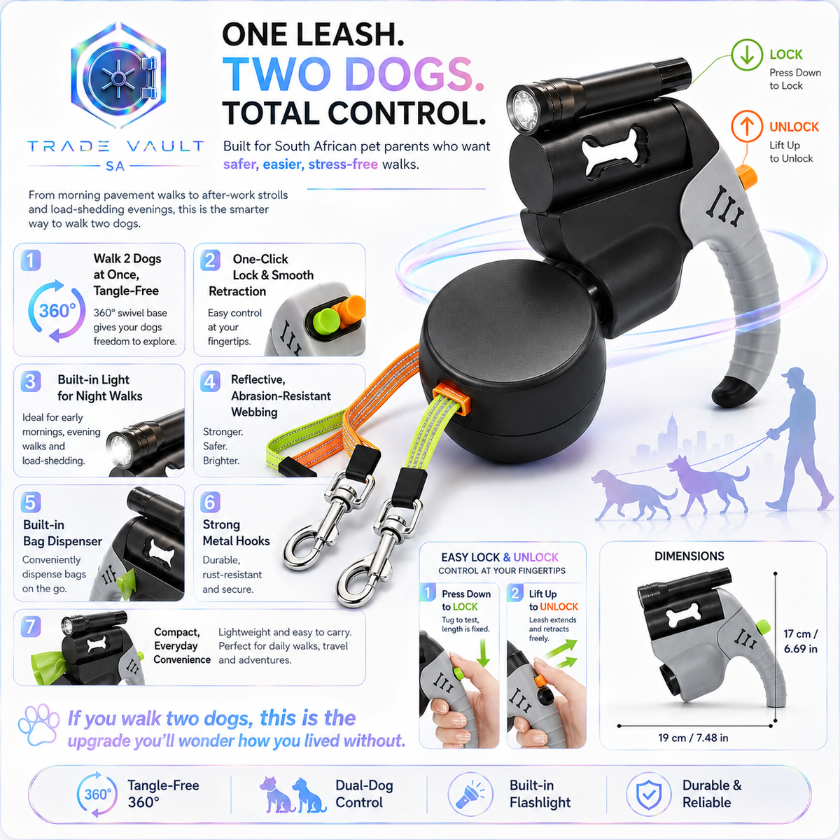 TradeVault 2-in-1 Heavy-Duty Retractable Dog Leash