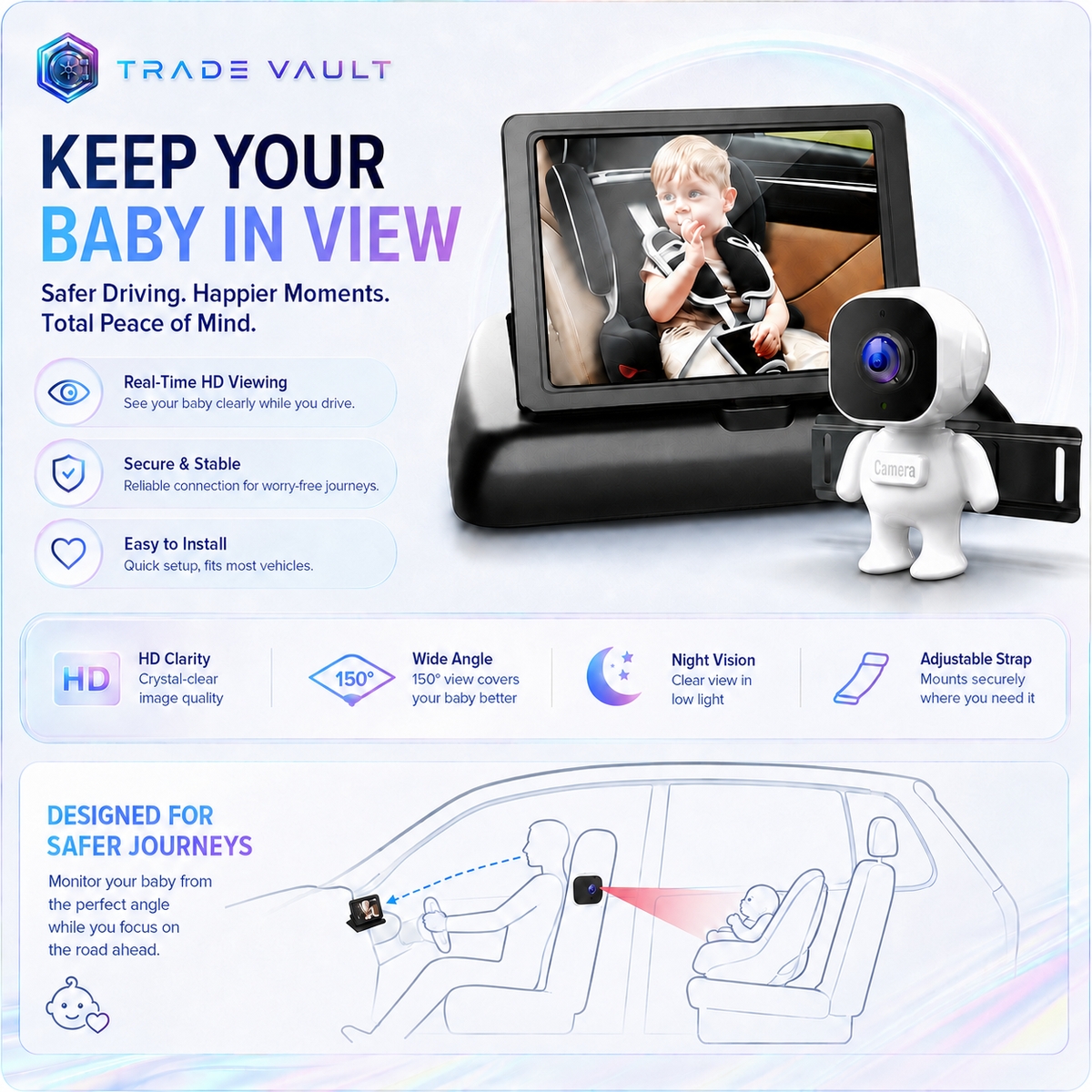 TradeVault Rear Facing Camera for And Toddlers with Night Vision And Wide Angle for In-Car Child Safety Monitoring