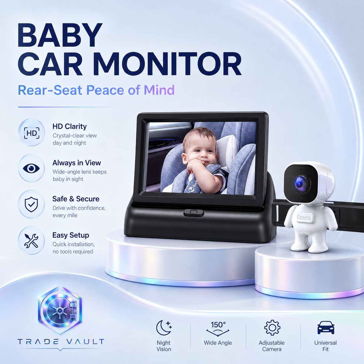 TradeVault Rear Facing Camera for And Toddlers with Night Vision And Wide Angle for In-Car Child Safety Monitoring