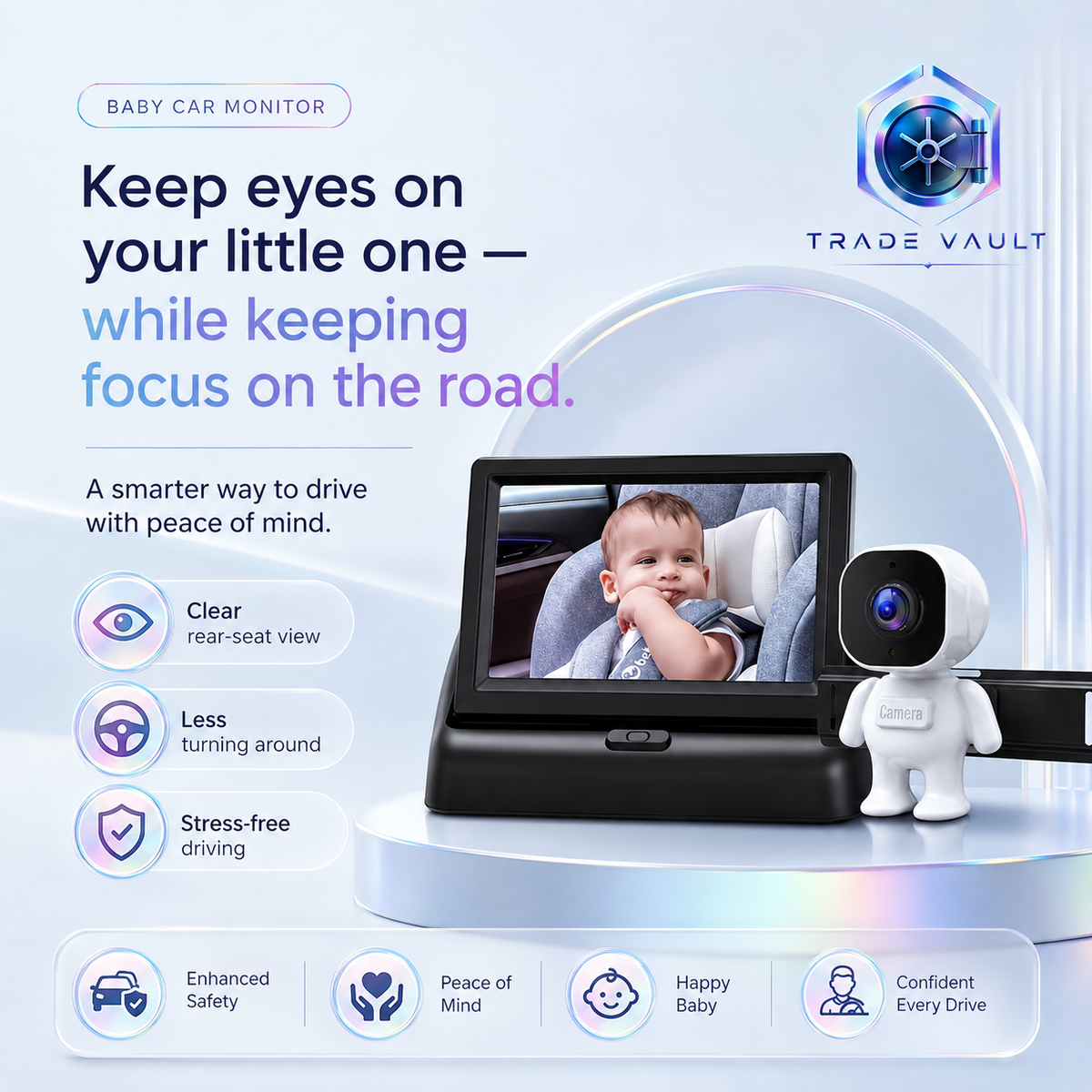 TradeVault Rear Facing Camera for And Toddlers with Night Vision And Wide Angle for In-Car Child Safety Monitoring