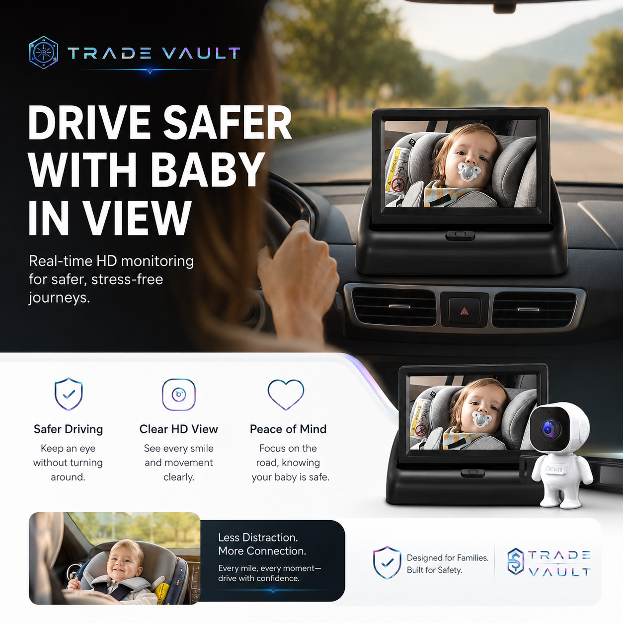 TradeVault Rear Facing Camera for And Toddlers with Night Vision And Wide Angle for In-Car Child Safety Monitoring