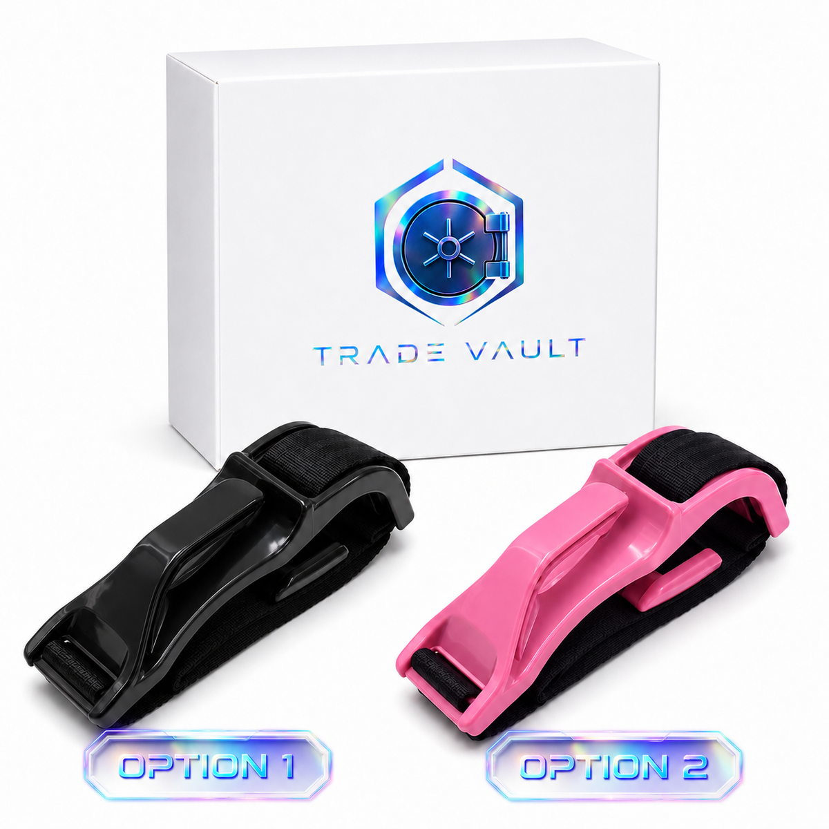 Two small lockpicking tools with black fabric loops are shown in front of a white Trade Vault box, labeled Option 1 in black and Option 2 in pink. The box has a blue holographic vault logo.